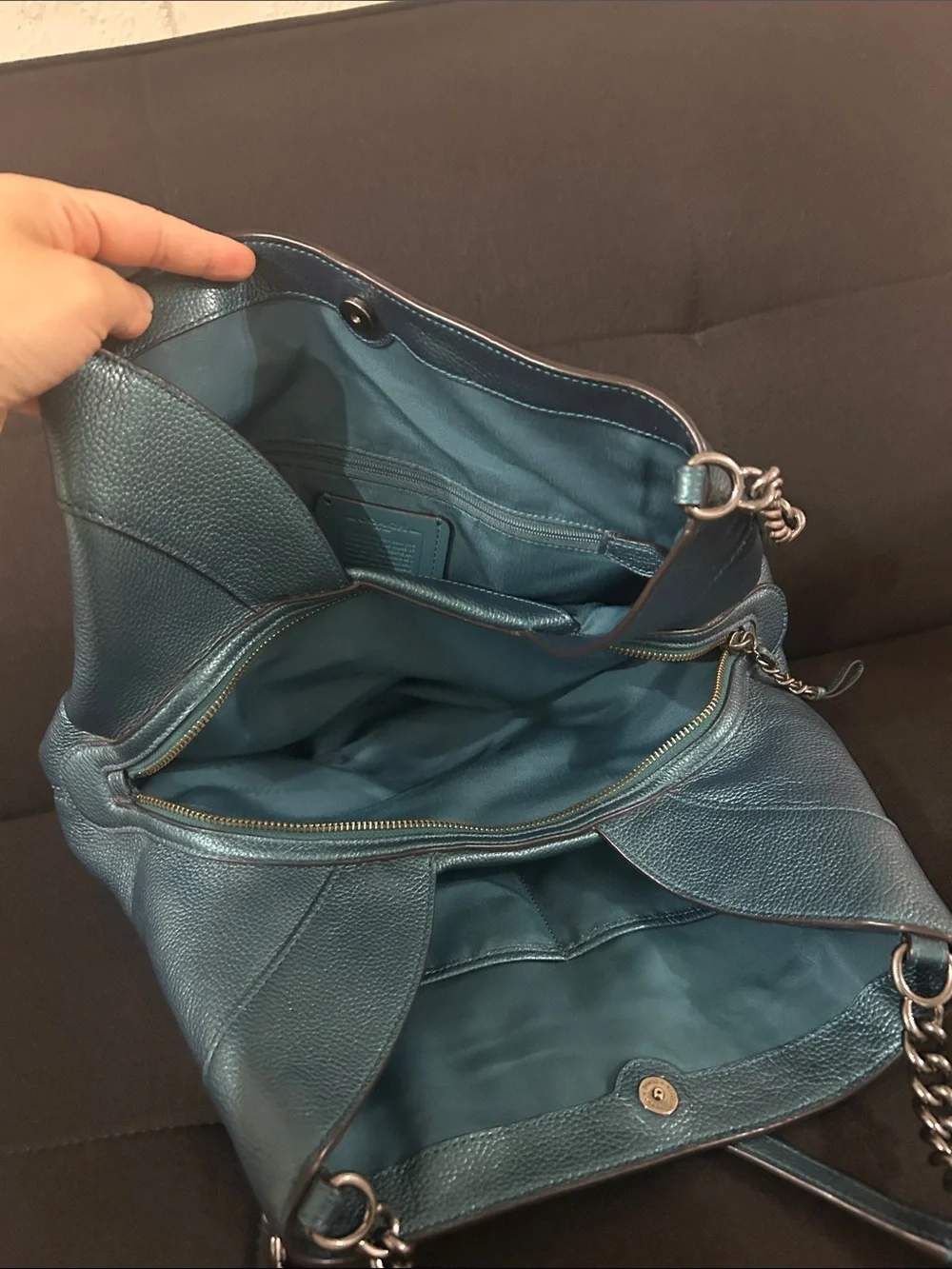 Coach Lexy Metallic Peacock Blue Teal Pebbled Leather Chain Shoulder Bag Purse